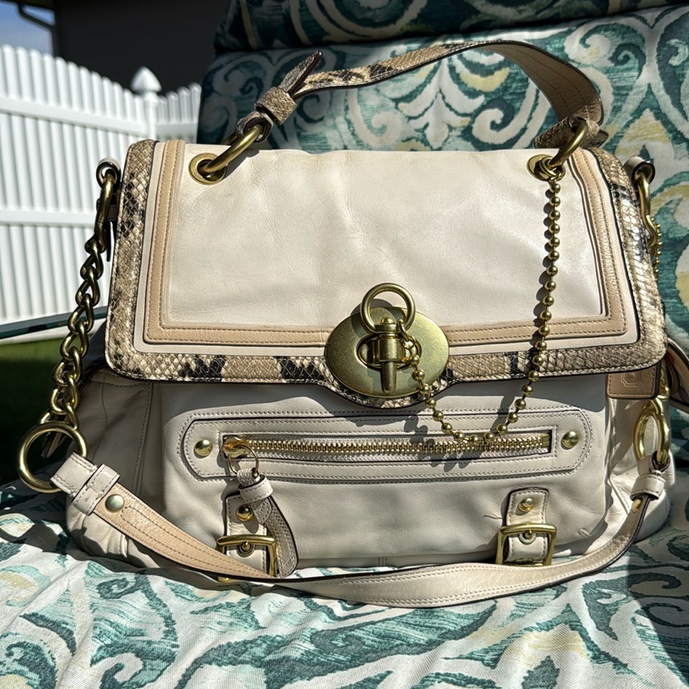 Coach Shelby Satchel Bag in Cream with Python trim